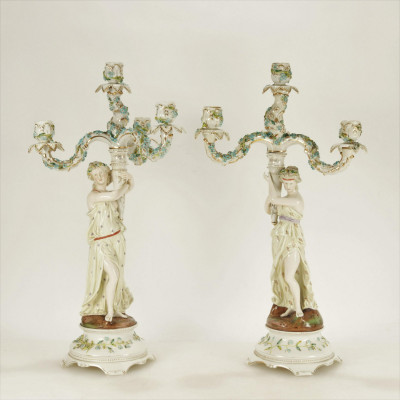Image for Lot Pair Dresden Porcelain Figural Candelabra