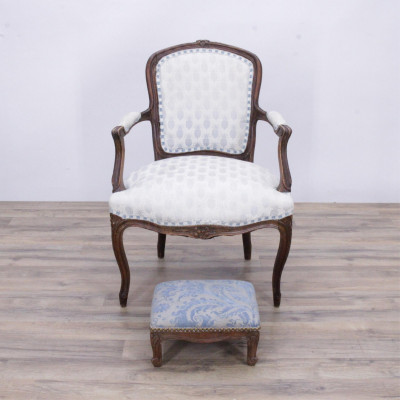 Image for Lot Fortuny Upholstered Louis XV Style Fauteuil, Stool