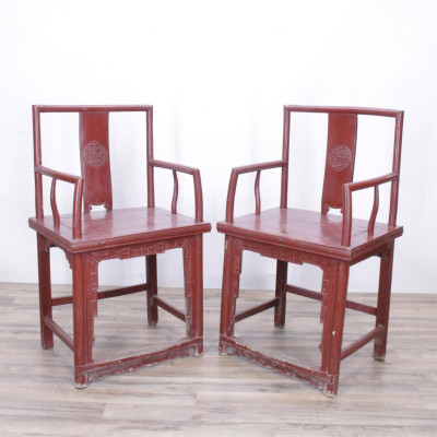 Image for Lot Pair Chinese Red Painted Armchairs