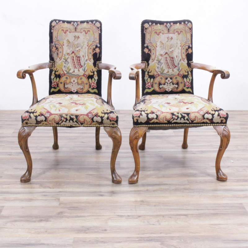 Pair Queen Anne Style Mahogany Armchairs