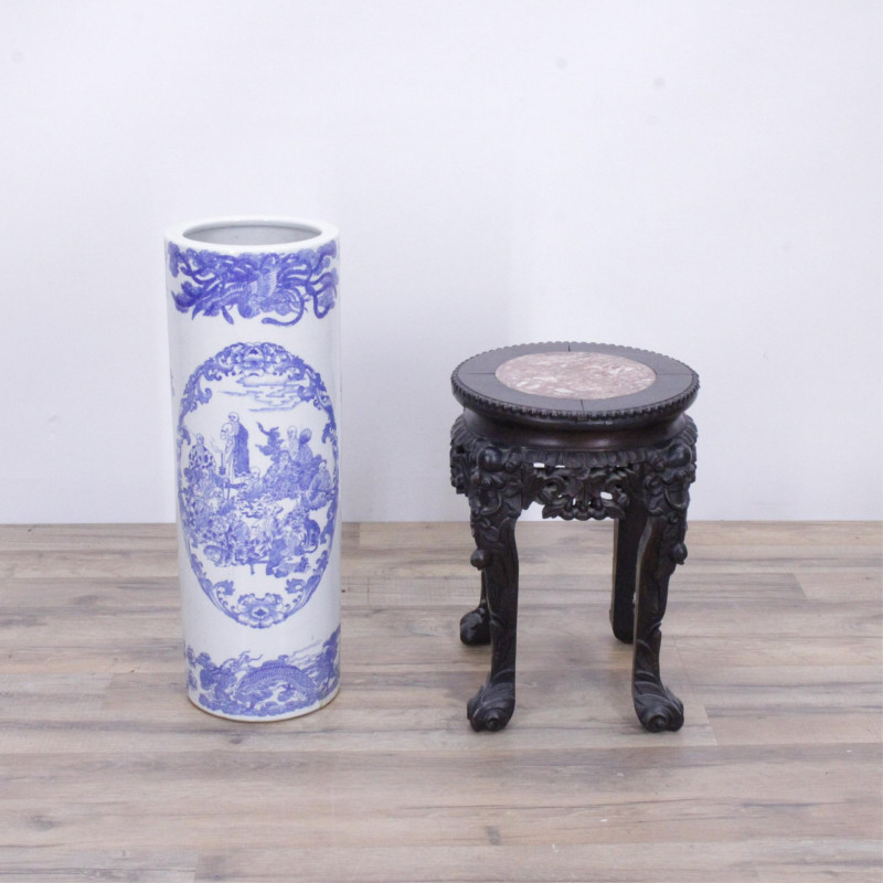 Chinese Porcelain Umbrella Stand, Marbletop Stand
