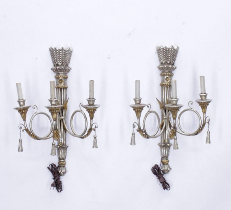 Pair Classical Style Parcel-Gilt Silvered Sconces
