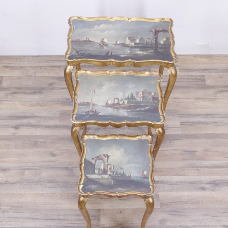 Nest of 3 Venetian Rococo Style Painted Tables