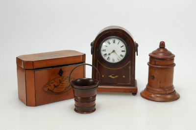 Image for Lot Regency Clock, Tea Caddy, Treen Box & Bucket