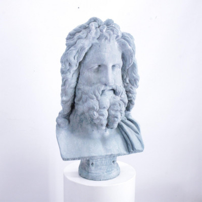 Image for Lot Verdi Gris Glazed Ceramic Bust of Zeus & Pedestal