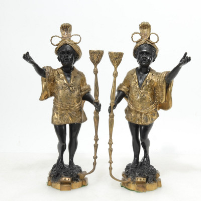 Image for Lot Pair of Patinated Brass Figural Candlesticks