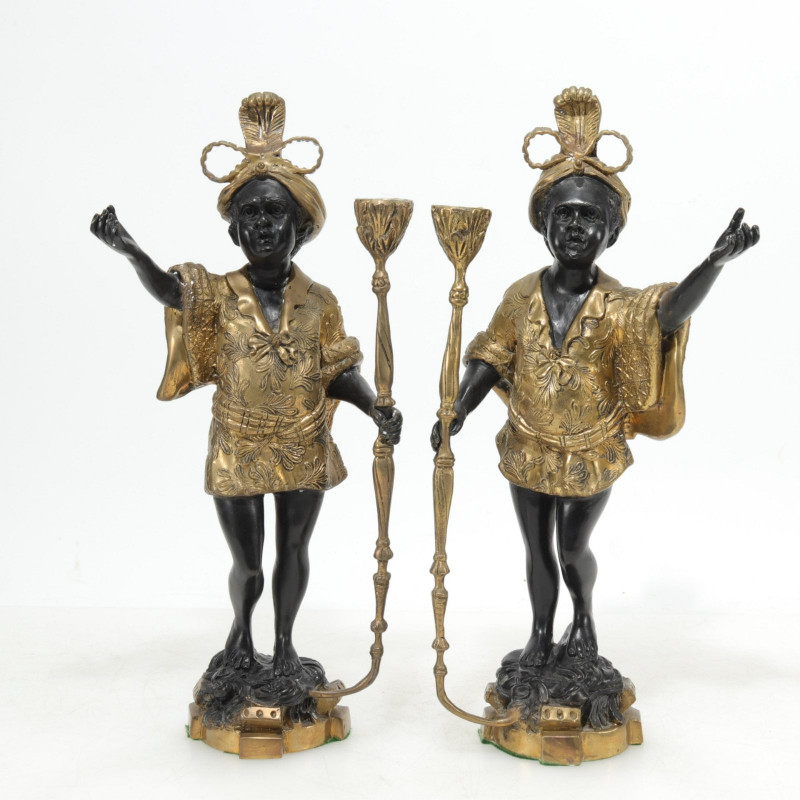 Pair of Patinated Brass Figural Candlesticks