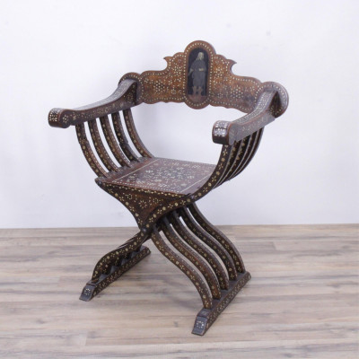 Italian Bone Inlaid Walnut Savonarola Chair, 19 C.