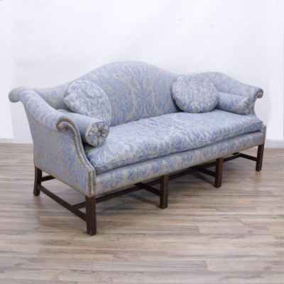 George III Style Mahogany Sofa, Fortuny Uphl.