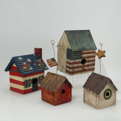 Image for Lot Folk Art Flag and Star Decorated Birdhouses