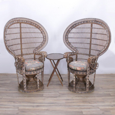 Image for Lot Pair Wicker "Peacock" Armchairs & Tray Table