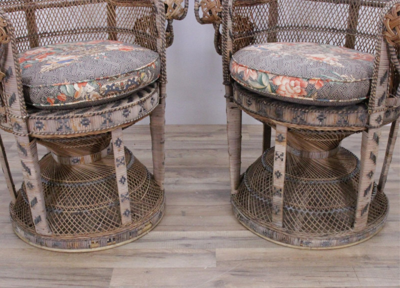 Pair Wicker "Peacock" Armchairs & Tray Table