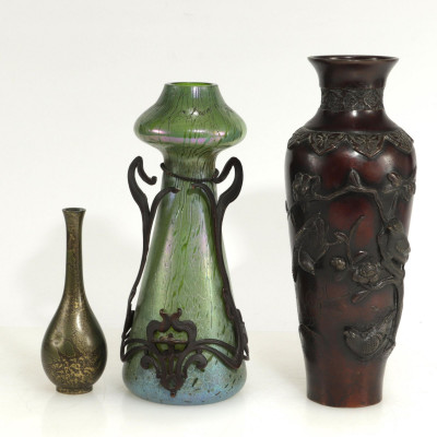 Image for Lot Loetz Style Vase & 2 Japanese Bronze Vases