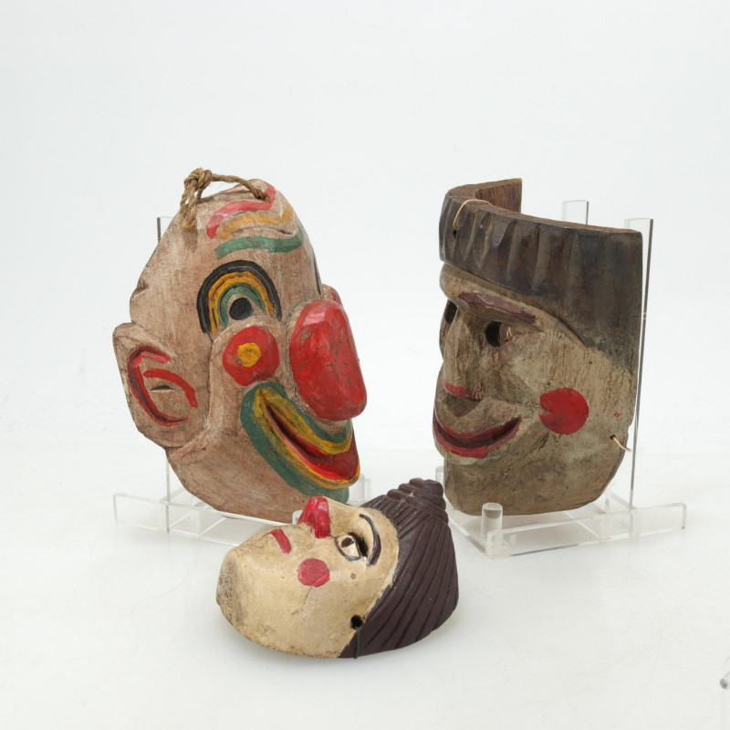3 Central American Painted Wood Clown Masks