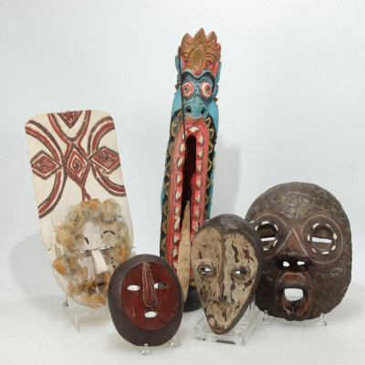 4 African Ceremonial Masks & Balinese Carving