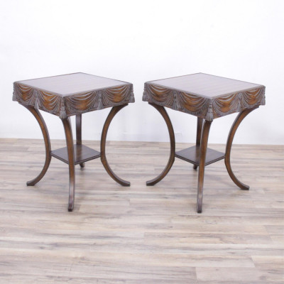 Pair Hollywood Regency Walnut Stained Tables