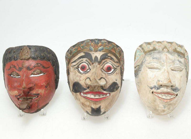 3 South East Asian Painted Wood Masks, Bali