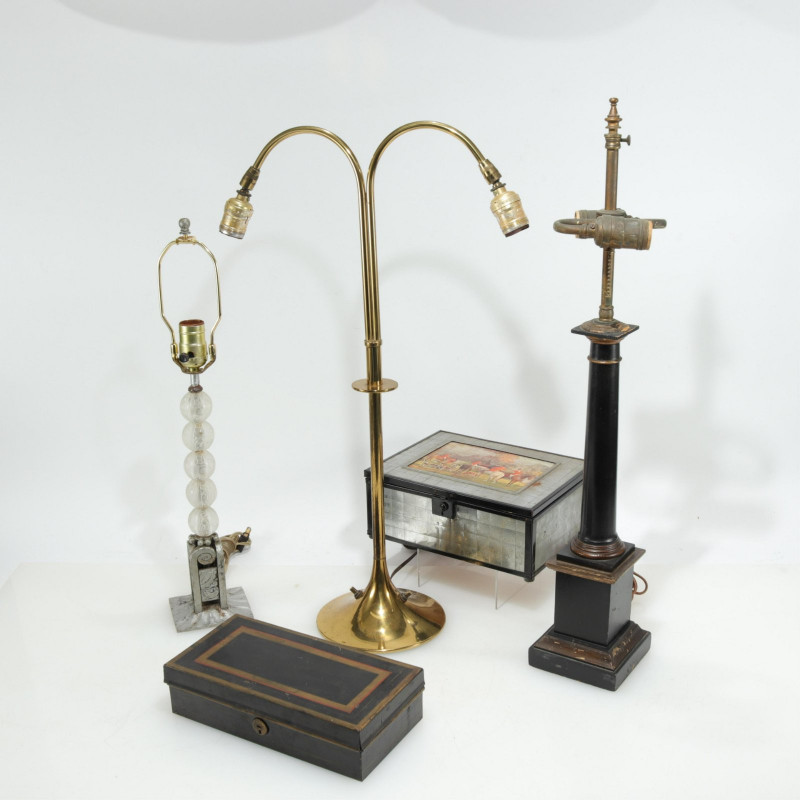 3 20th C. Lamps & 2 Document Boxes