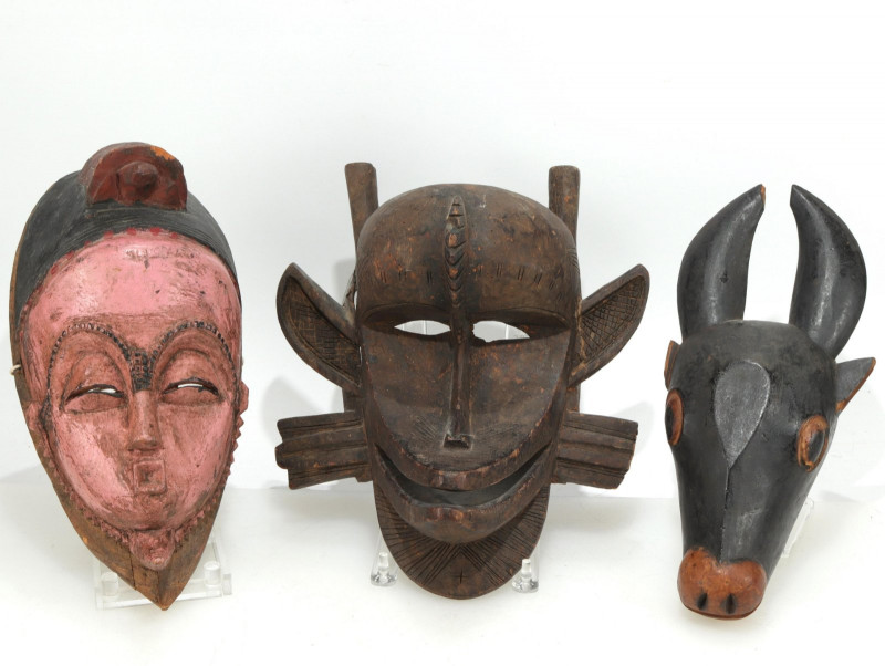 3 Vintage African painted and Wooden Masks