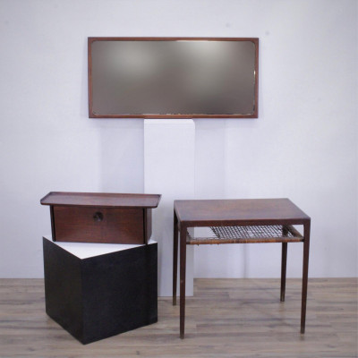 Danish Modern Teak Table, Hanging Shelf, Mirror