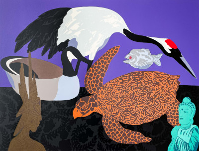 Hunt Slonem - Untitled (Crane on Purple Background)