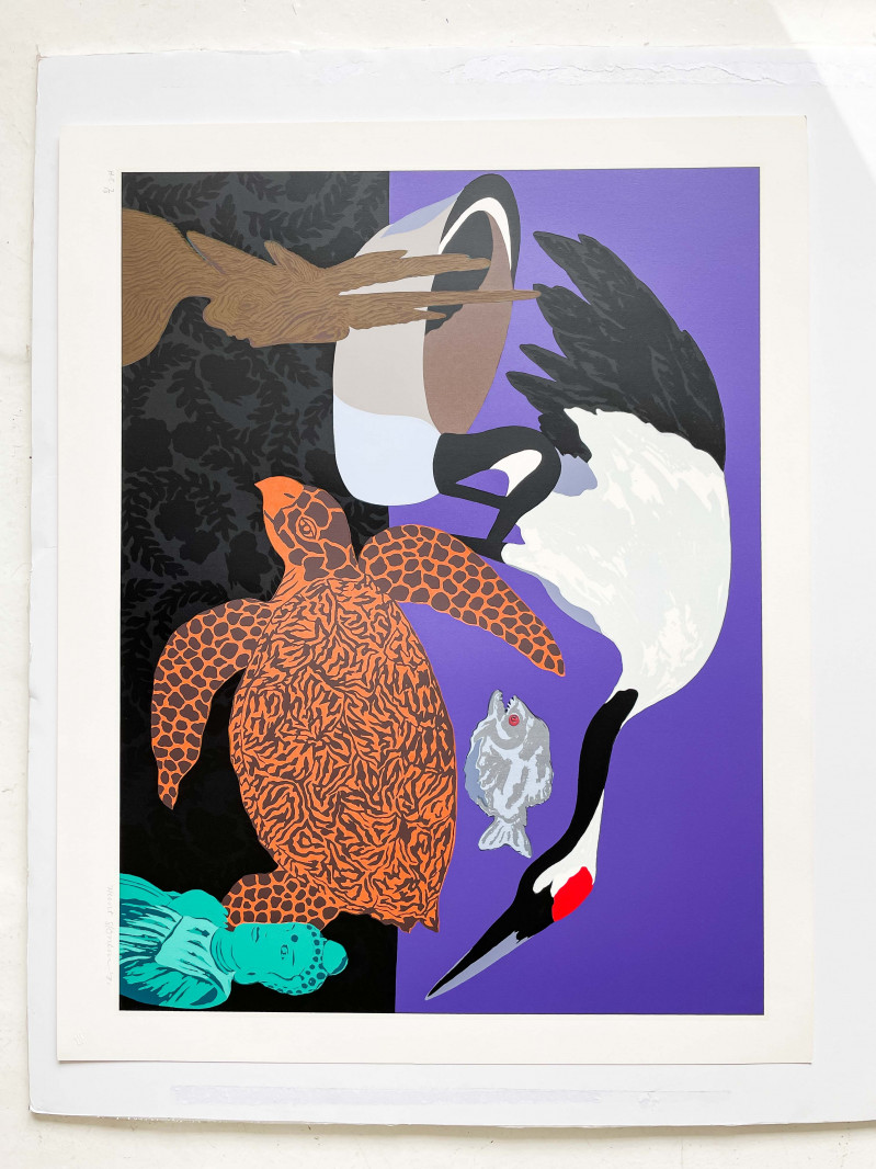 Hunt Slonem - Untitled (Crane on Purple Background)