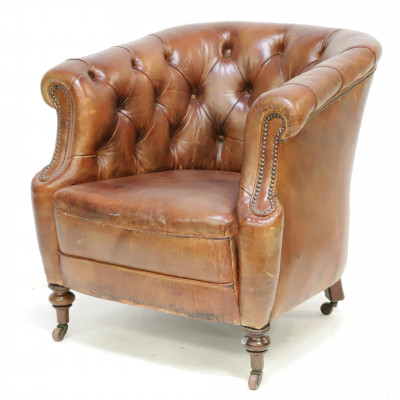 Image for Lot Victorian Mahogany & Brown Leather Club Chair