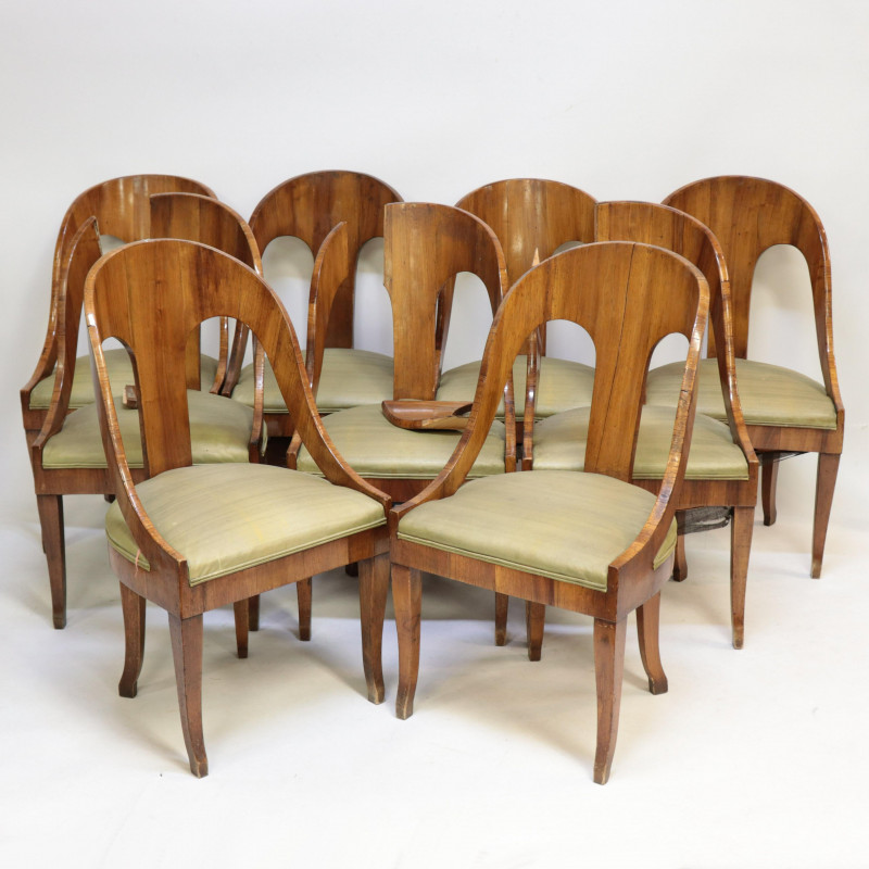 9 Late Biedermeier Fruitwood Dining Chairs, Late 1