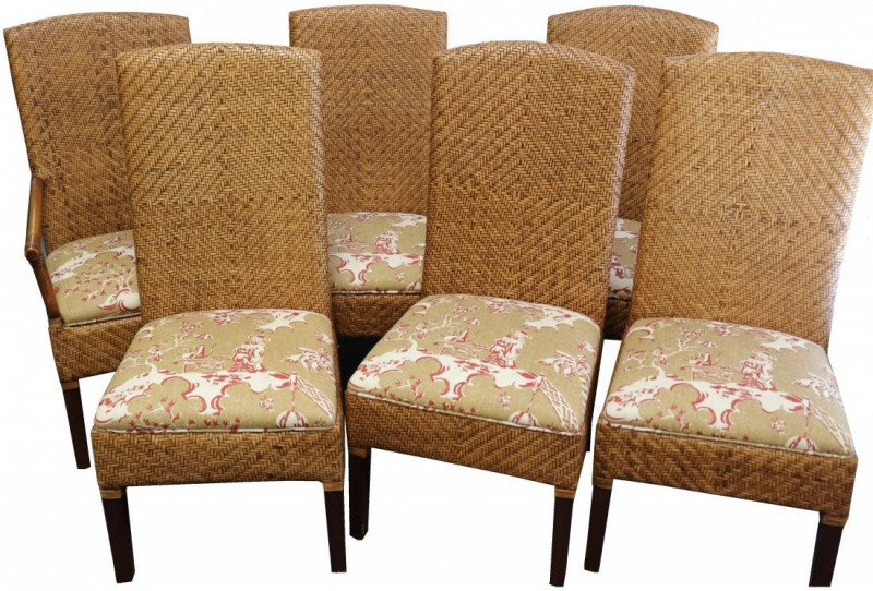 6 Rattan and Mahogany Upholstered Dining Chairs