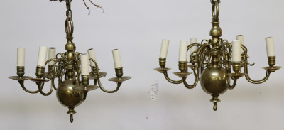 Image for Lot Near Pair Georgian Style 6 Light Brass Chandelier