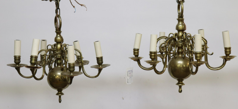 Near Pair Georgian Style 6 Light Brass Chandelier