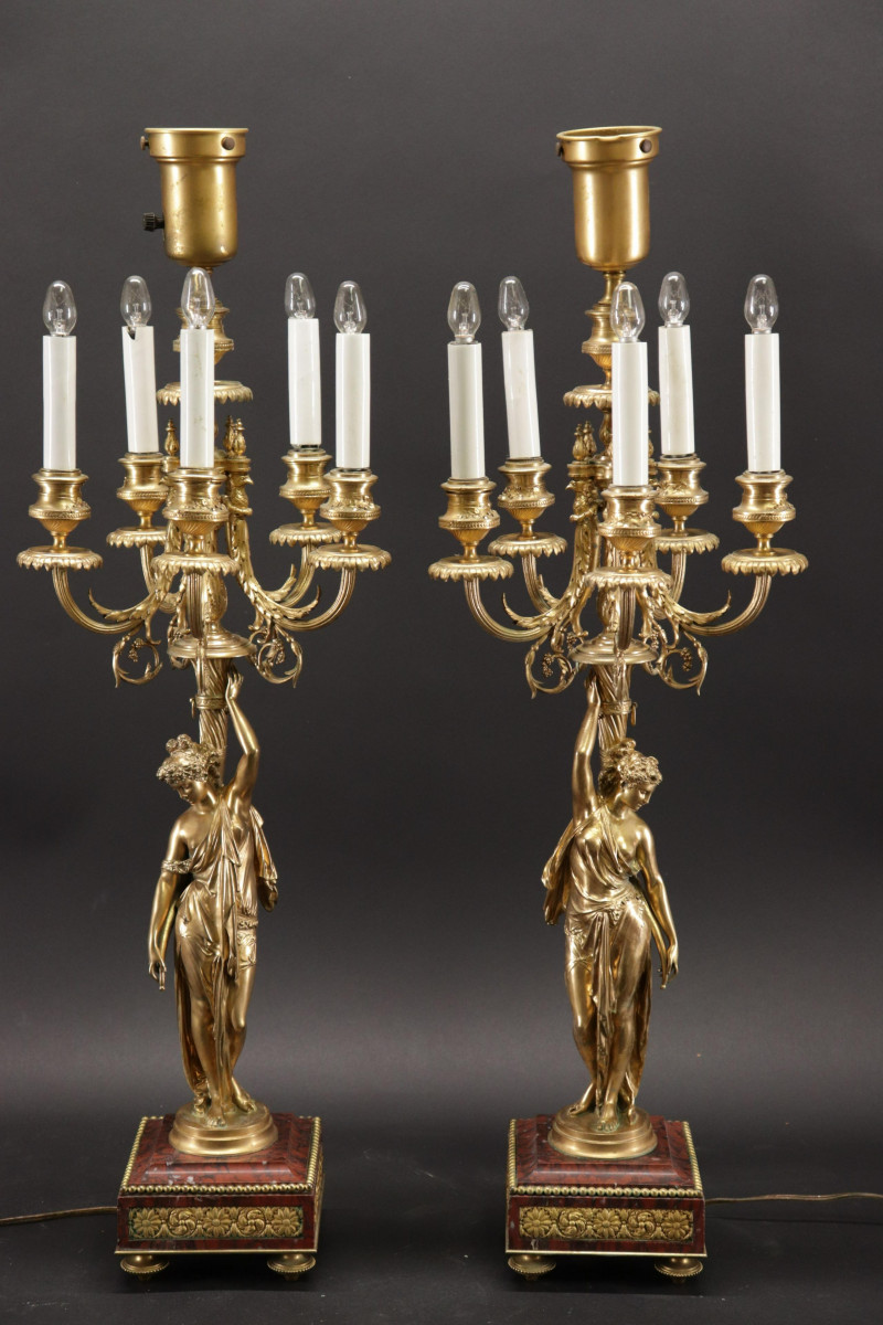 Pair Louis XVI Style Gilt Bronze Candelabra Lamps