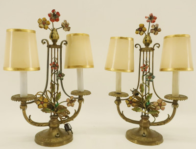 Image for Lot Pr. Brass Painted Floral Lyre Form Table Lamps