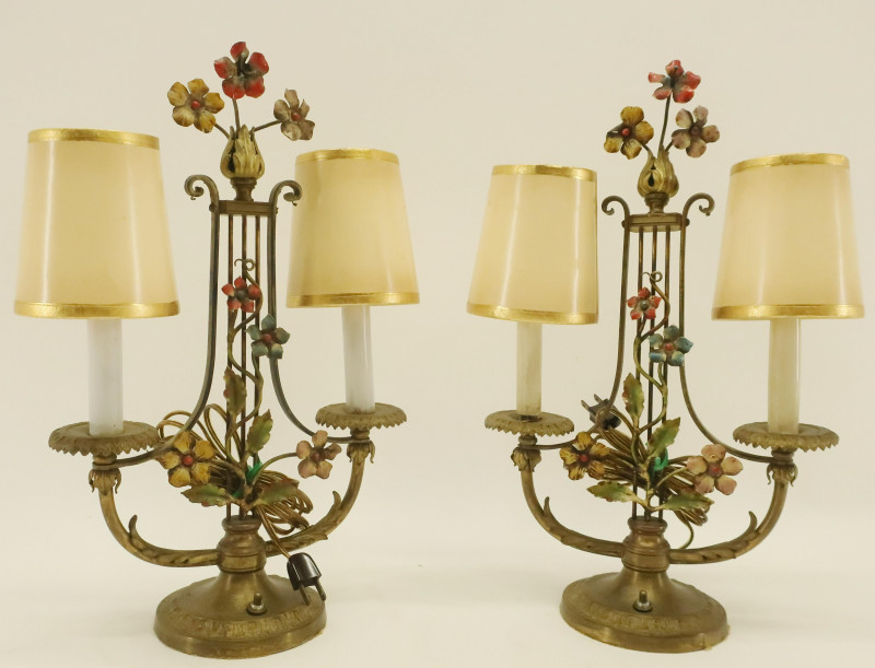 Pr. Brass Painted Floral Lyre Form Table Lamps