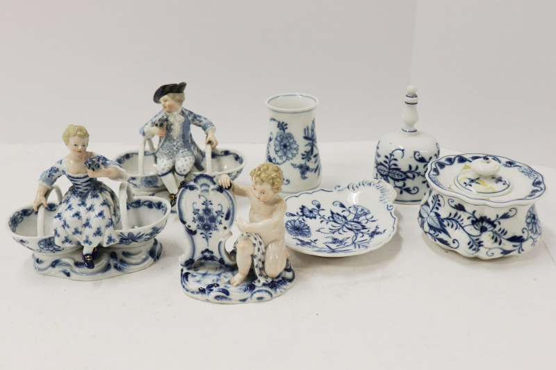 7 Meissen Blue & White Porcelain Table Items