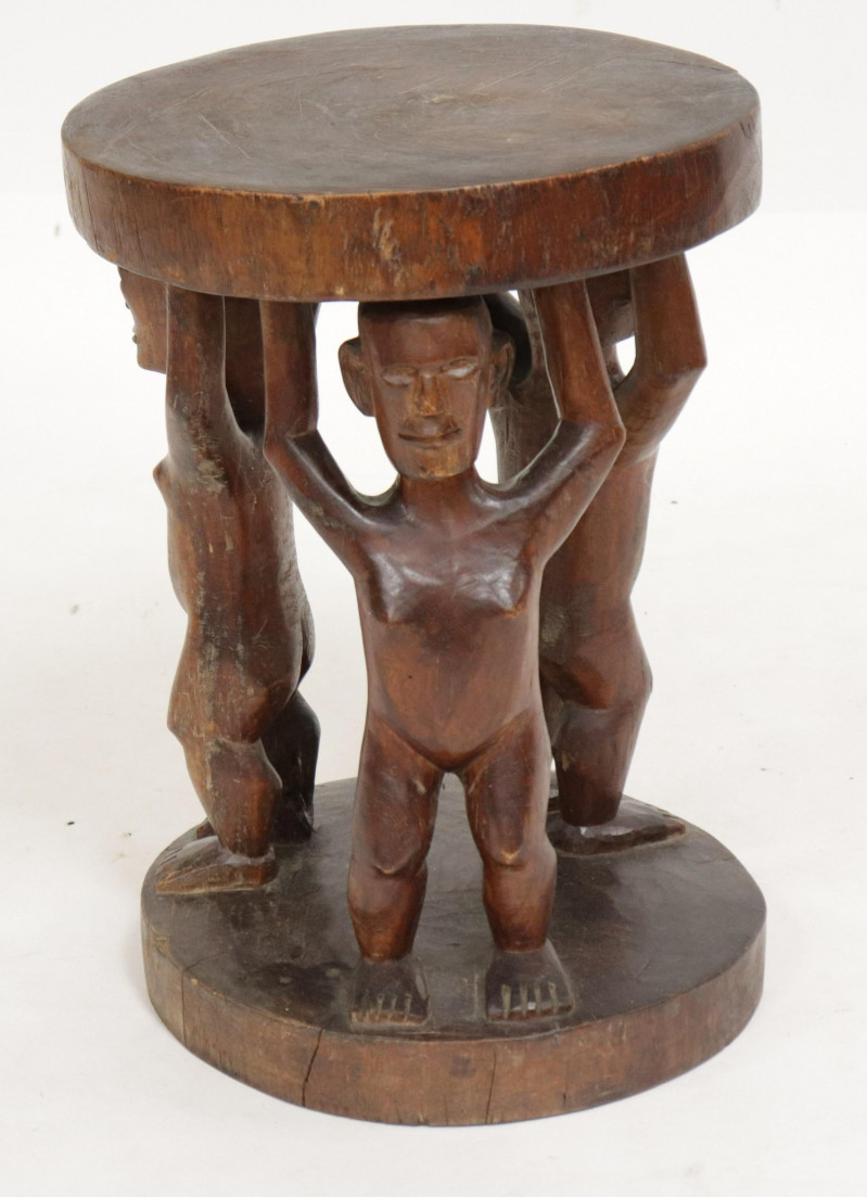 Tribal Art Carved Table/Stool of 3 Male Nude