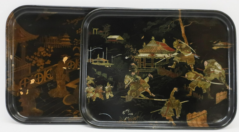 Two French Black Lacquer Papier Mache Trays