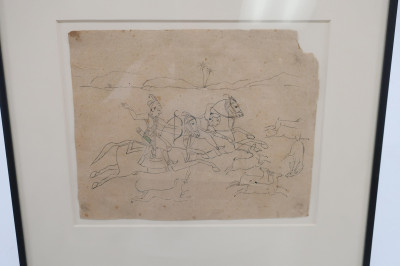 Image for Lot 18th C. Indian Hunt Scene Study, ink on paper