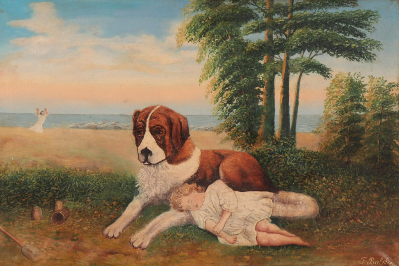 Primitive Folk Art Painting of a Child & Dog O/C