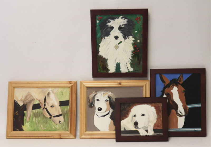 Angela, 5 Dogs on Horses, Oil on Canvas