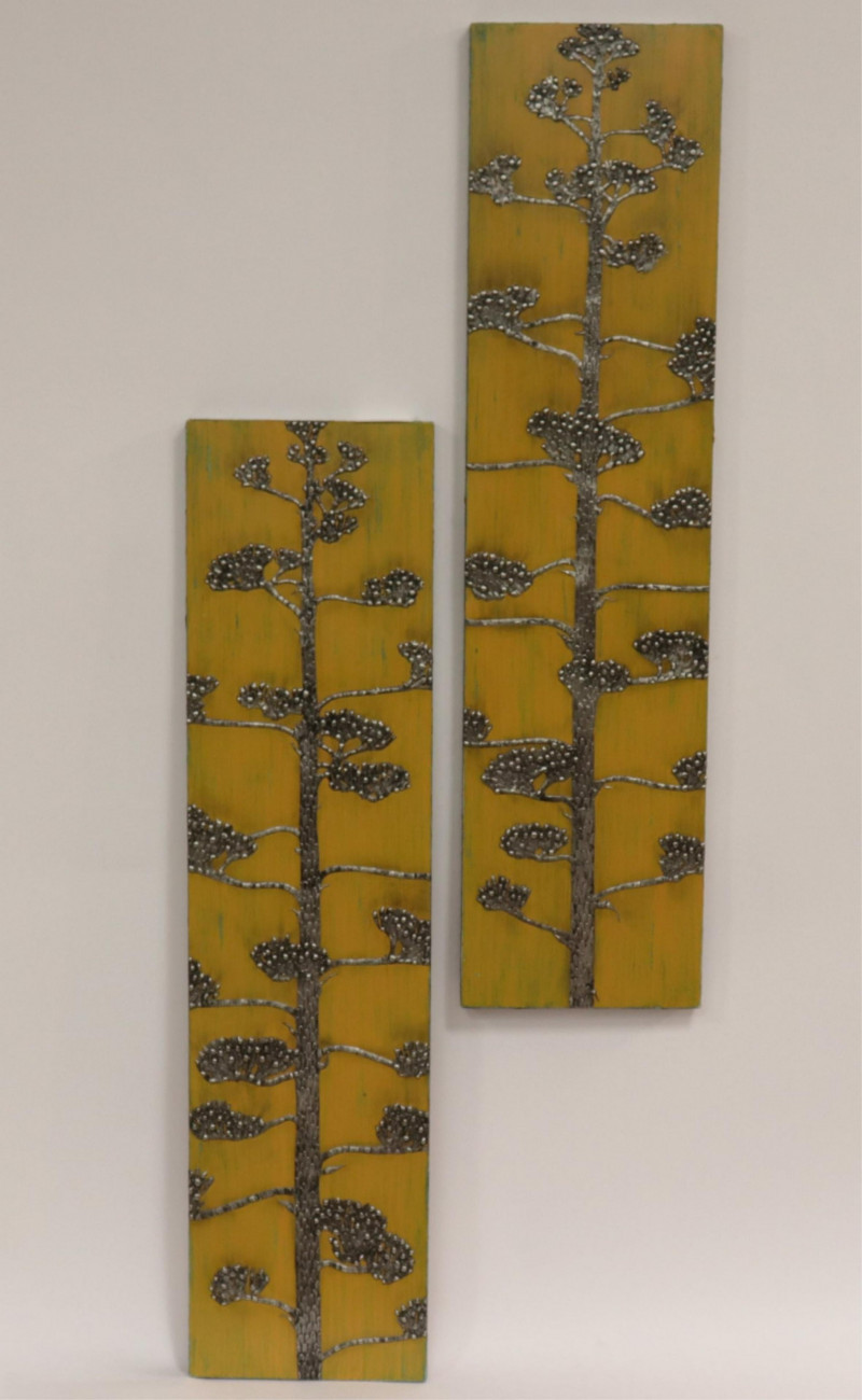 2 Metallic Trees on Wood Panel