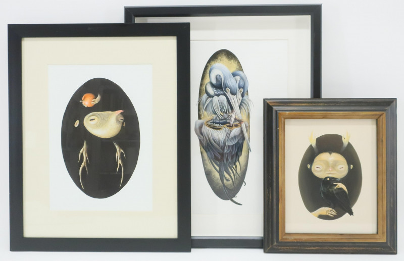 3 Works on Paper, birds & faces
