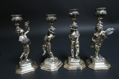 Image for Lot 4 Silverplate Cherub Candlesticks & Additions
