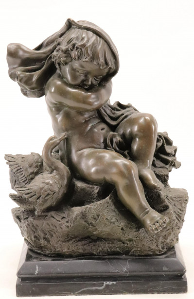 Image for Lot Bronze Sleeping Cherub with Swan on Rockwork