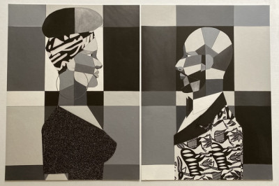 Image for Lot Derrick Adams Diptych Woman and Man in Grayscale