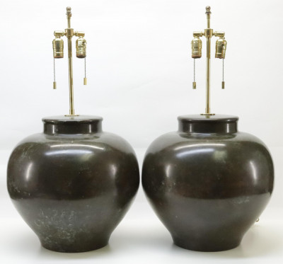 Pair Asian Style Copper Jar Lamps