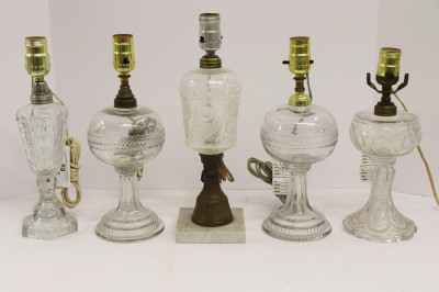 5 American Pressed Glass Kerosene Lamps, 19/20 C.