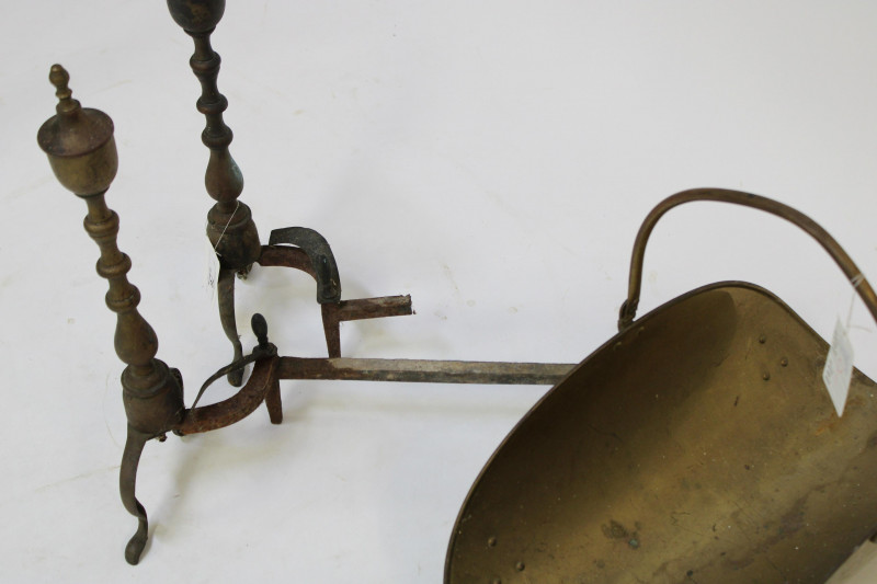 Pair Brass Urn Top Andirons, Log Basket and Tools
