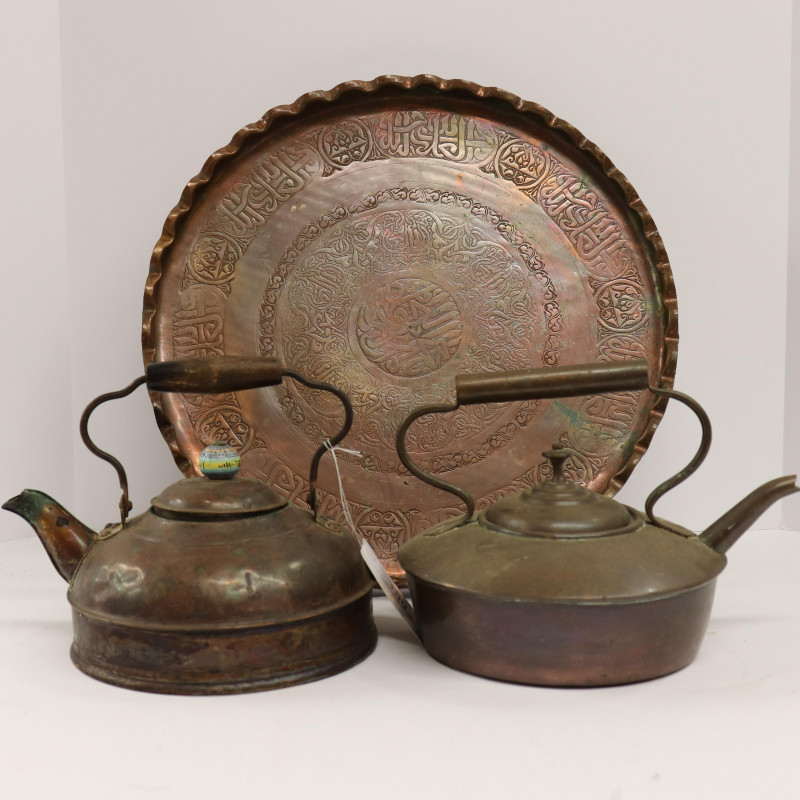 2 Chinese Copper Hot Water Kettles & Tray