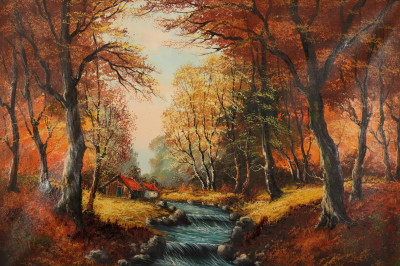 G. de Winter, Fall Landscape, Stream & Cottages
